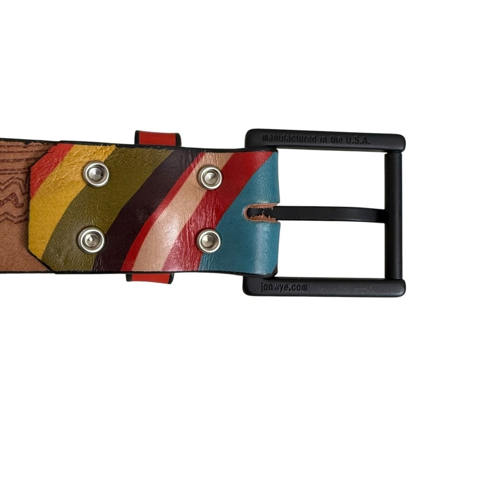 Jon Wye Mens Leather Belt Multicolor Wavy Stripe Made in USA Black Buckle - Picture 3 of 6